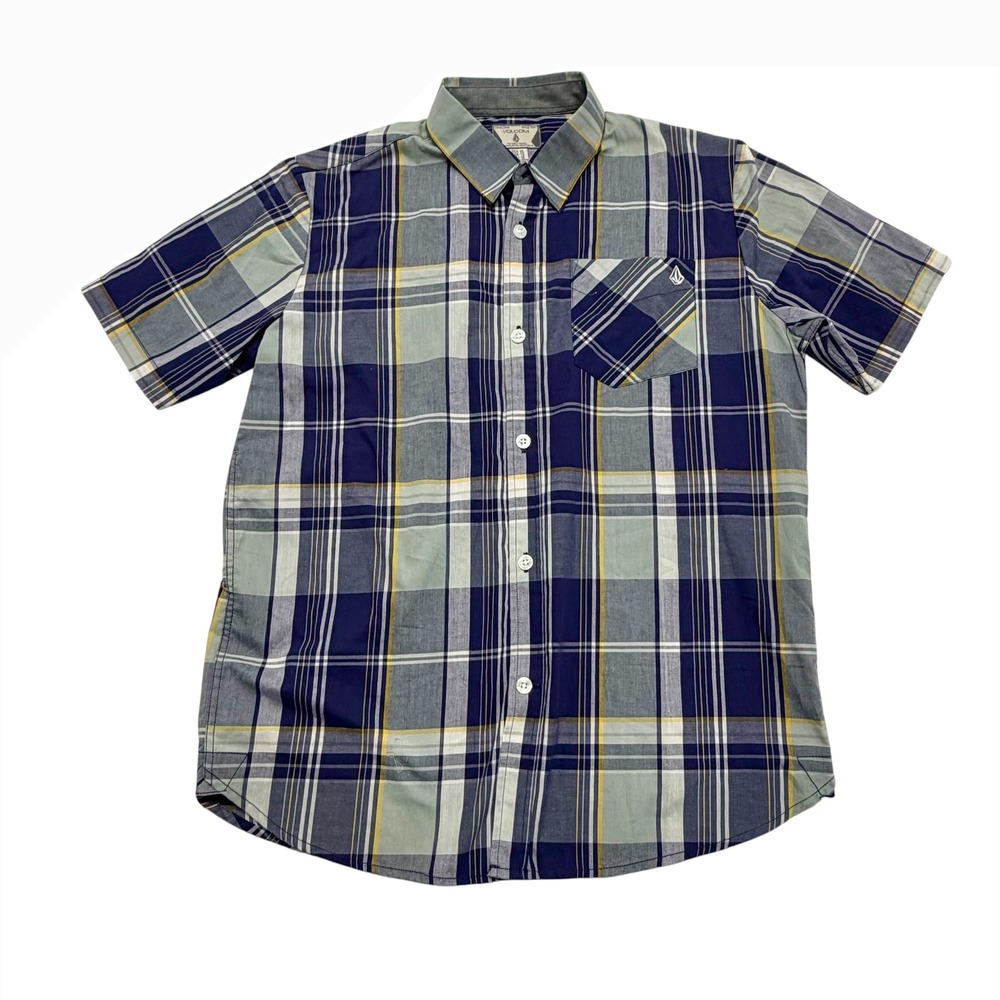 Volcom Ex Factor Plaid SS Youth Shirt Blue Grey Yellow Button Down Boys XL NEW